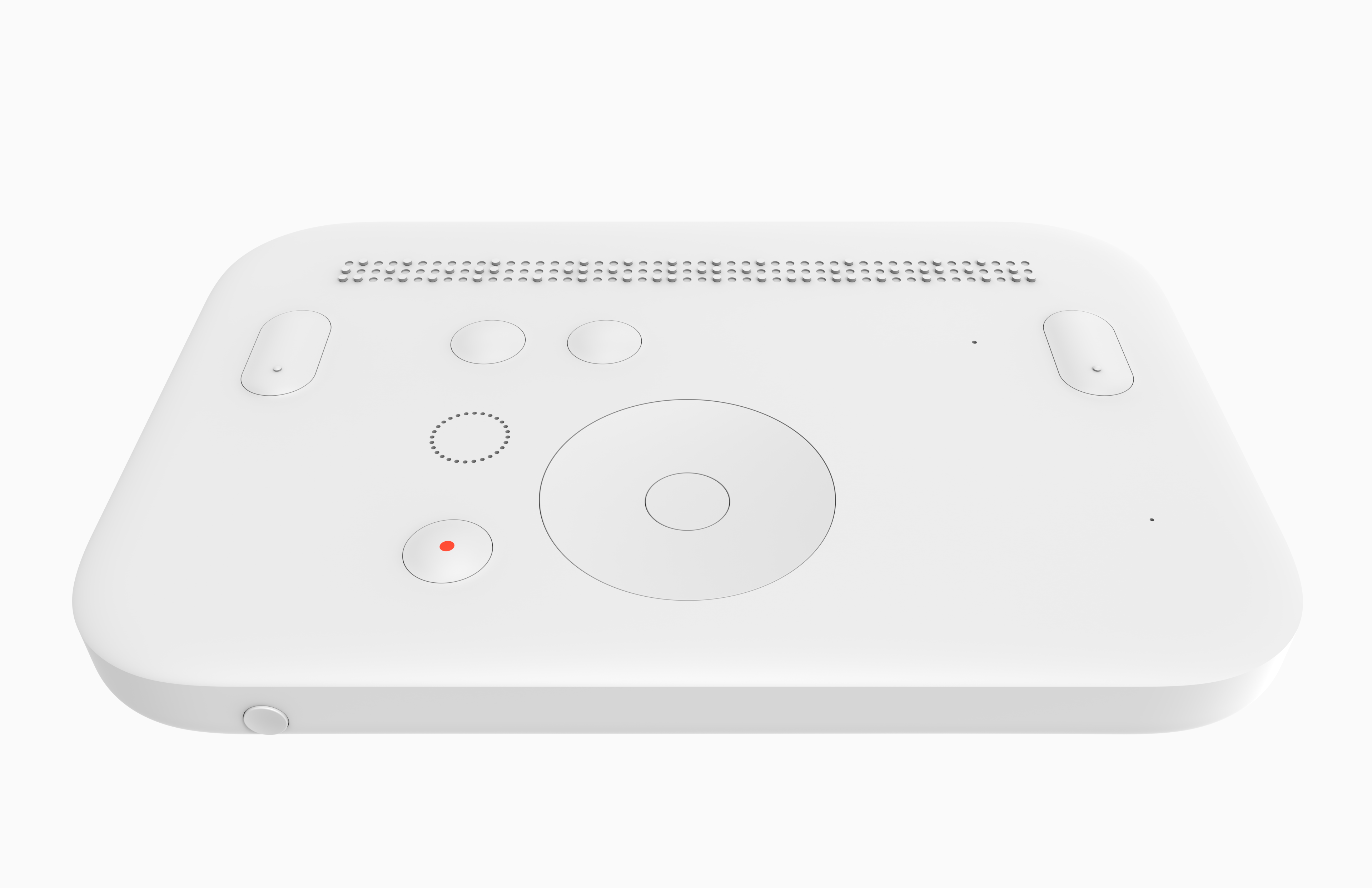 The top of the flat Dot Mini device with its buttons and line of Braille dots